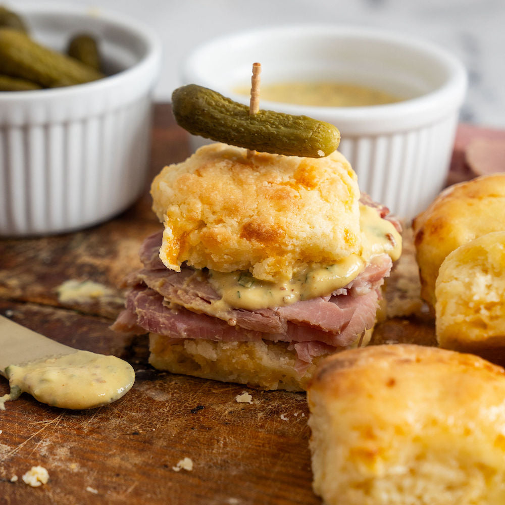 Glazed Ham Biscuits with Champagne Mustard