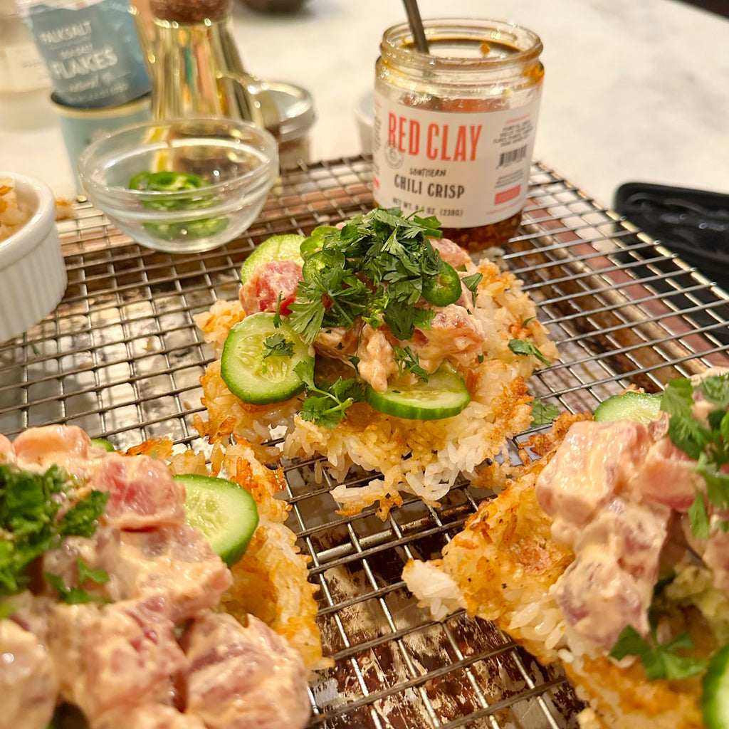 Spicy Tuna Over Crispy Sushi Rice Waffles