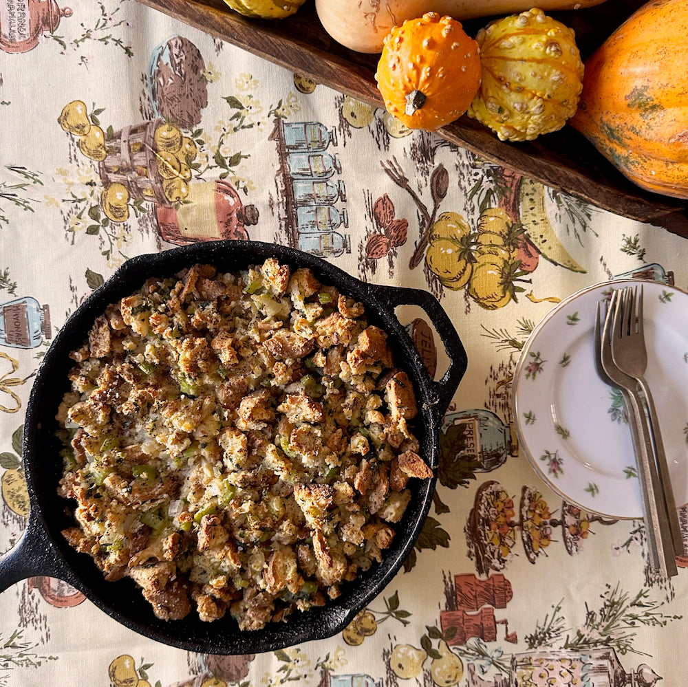 Biscuit Dressing in a Cast Iron on a Thanksgiving Table