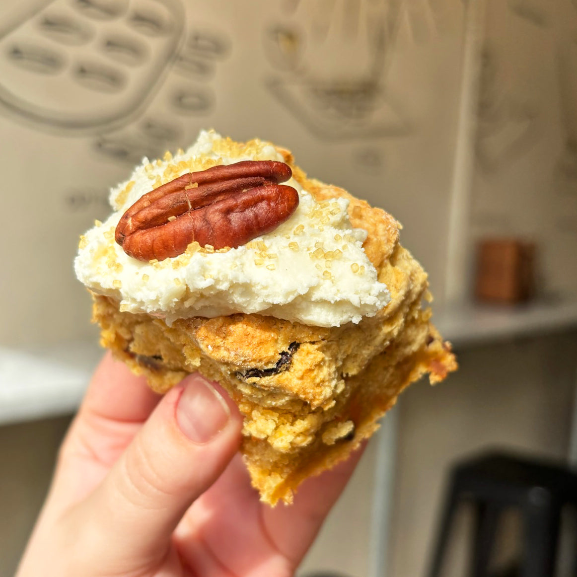 Hand holding a Carrot Cake Biscuit topped with frosting and a pecan
