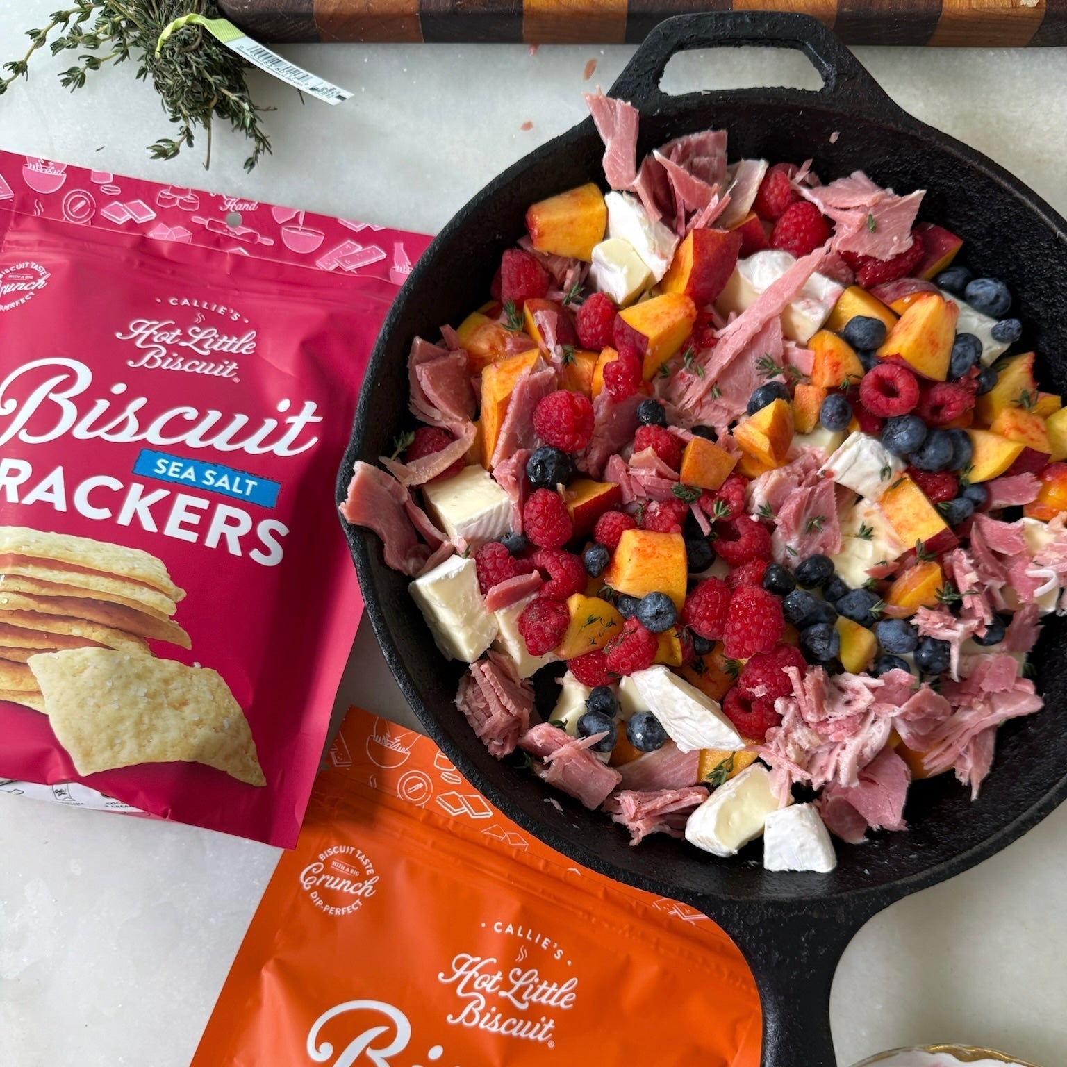 Peaches, Berries & Brie Charcuterie Dip with Biscuit Crackers