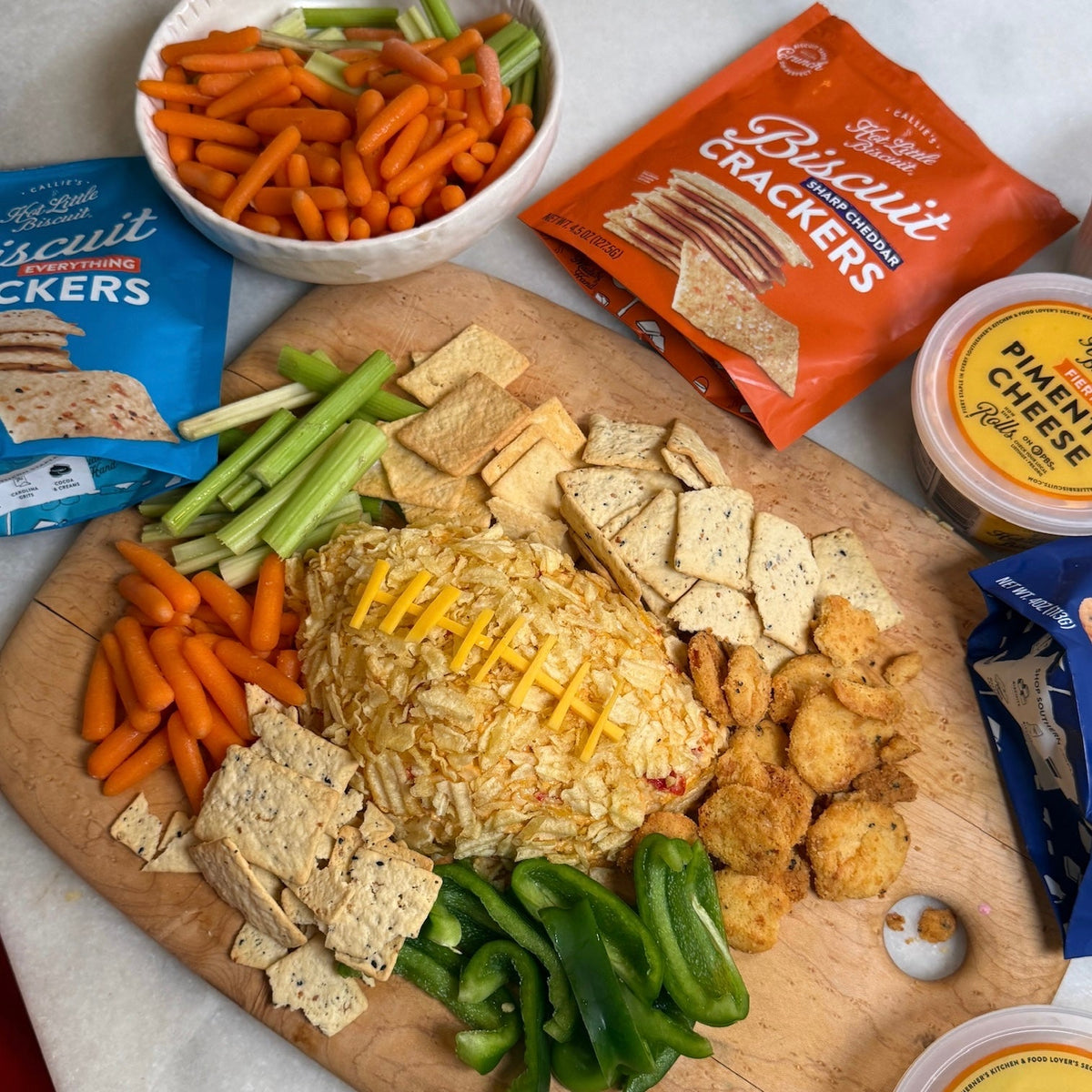 Football-Shaped Pimento Cheese Tailgate Spread