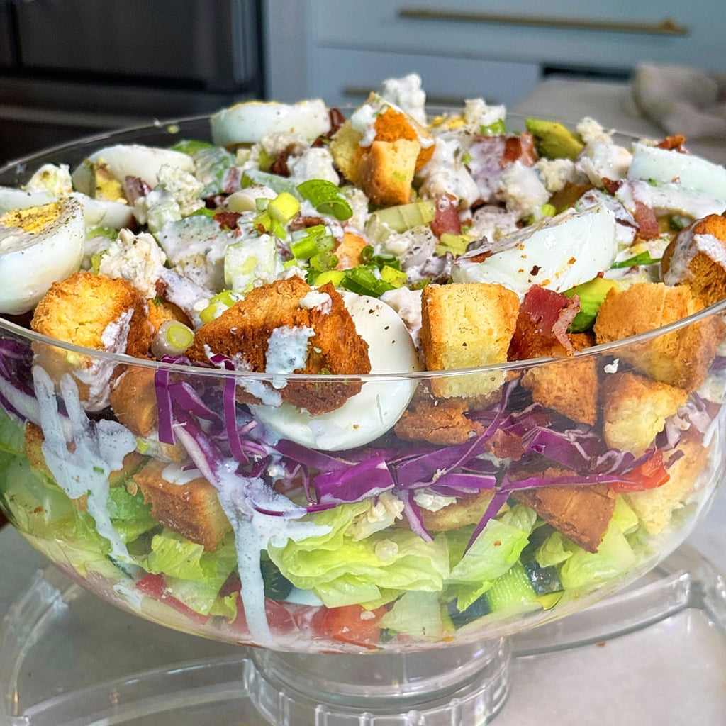 Savory Trifle Salad with Biscuit Croutons & Blue Cheese Buttermilk Dressing