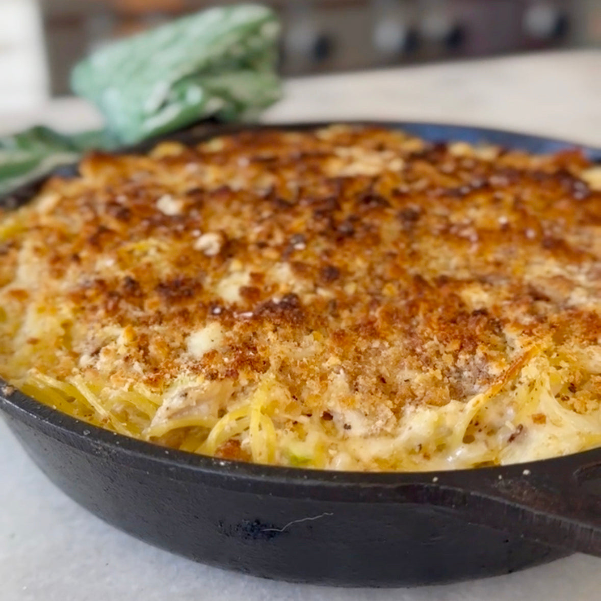 Tuna Casserole baked in a Cast Iron Skillet